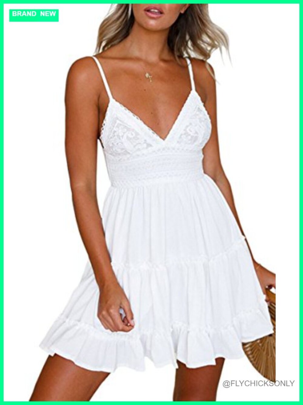 V-Neck Spaghetti Strap Backless Lace Mini Swing Skater Dress, Sleeveless Summer